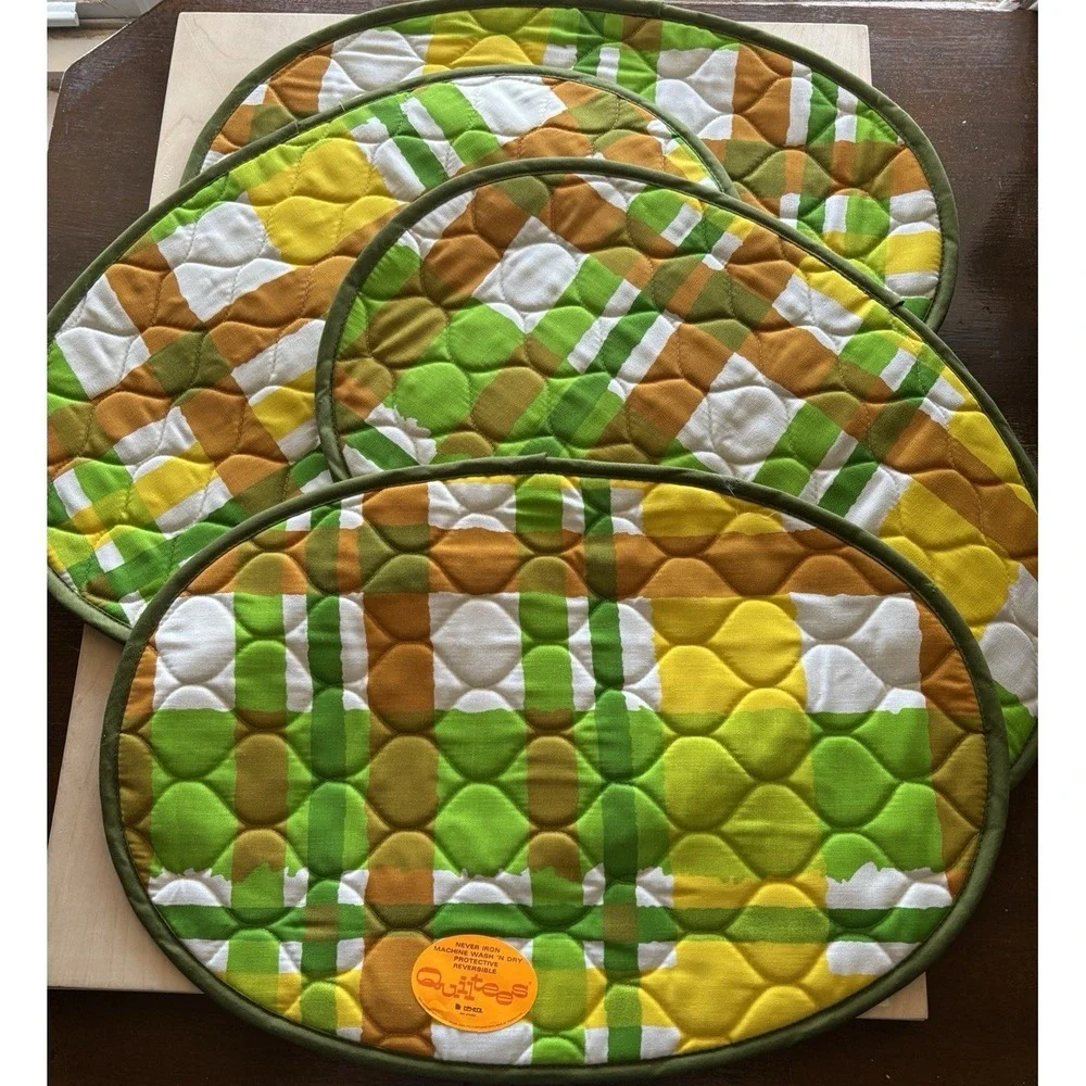 Vtg Textol Quiltees Place Mats LOT of 4 NWT Bright Plaid Reversible 70s Granny